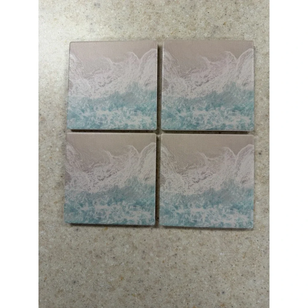 Thirstystone Crashing Tides Stone Coasters Set of 4 Ocean Waves Cork Back 4